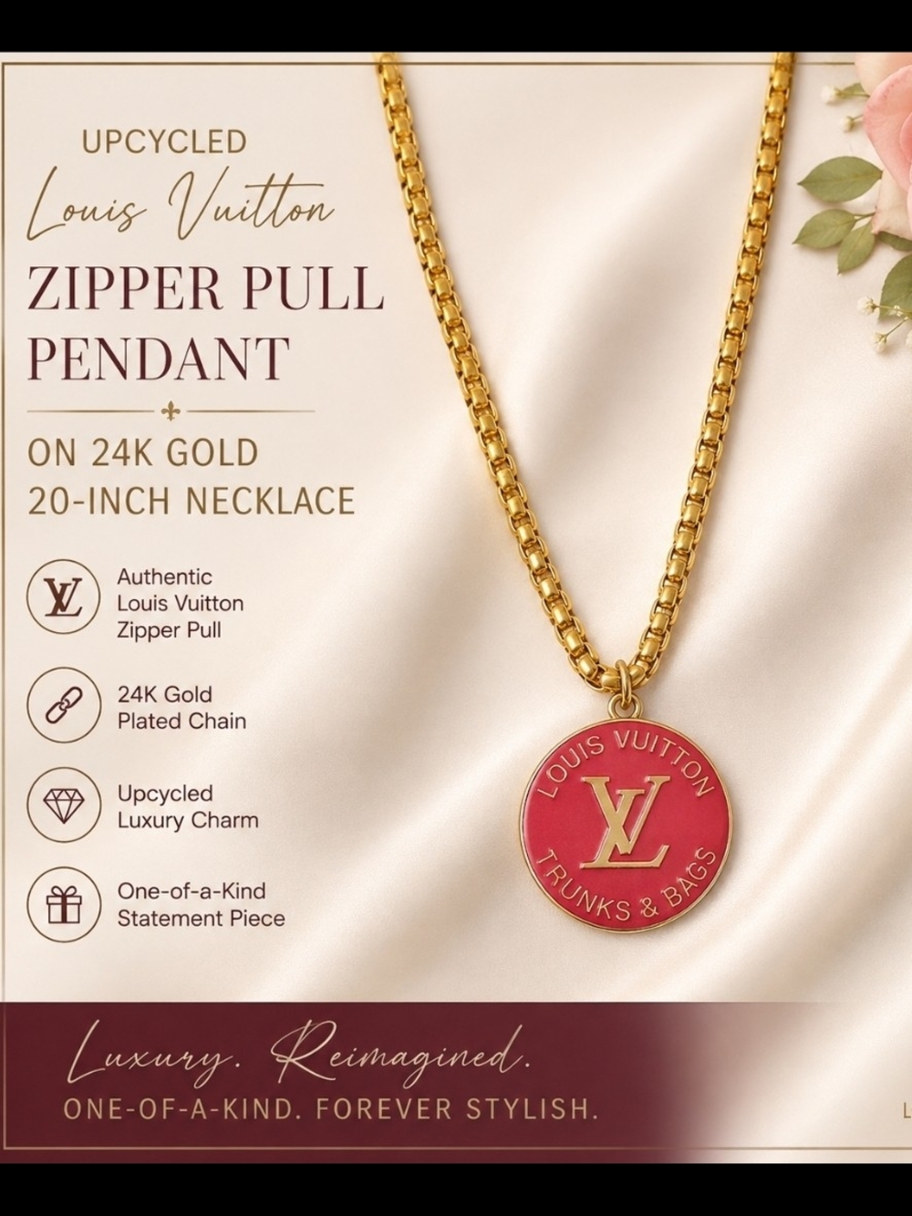Upcycled Louis Vuitton Pink Trunks & Bags Charm Necklace | 24K Gold 20" Chain |
